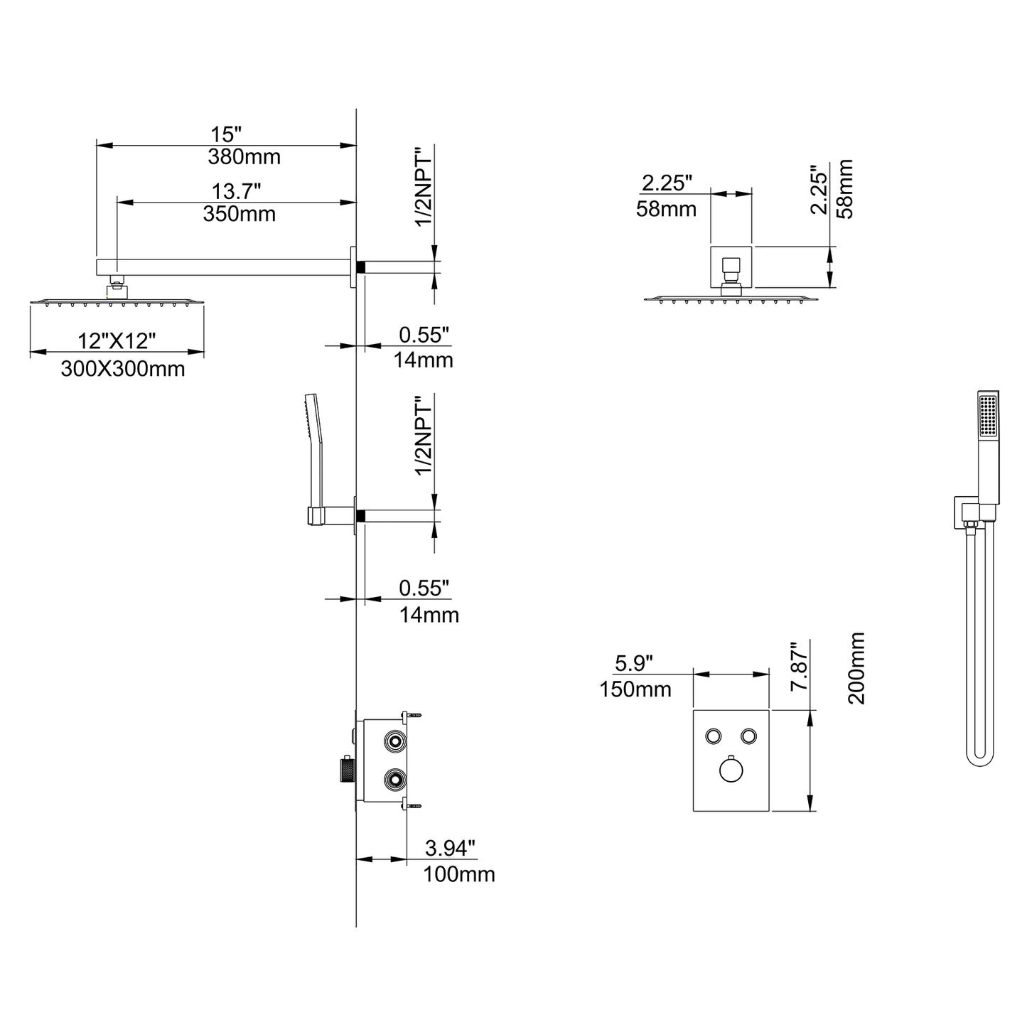 Tezo Wall Mounted 2-Function Thermostatic Shower System Kit