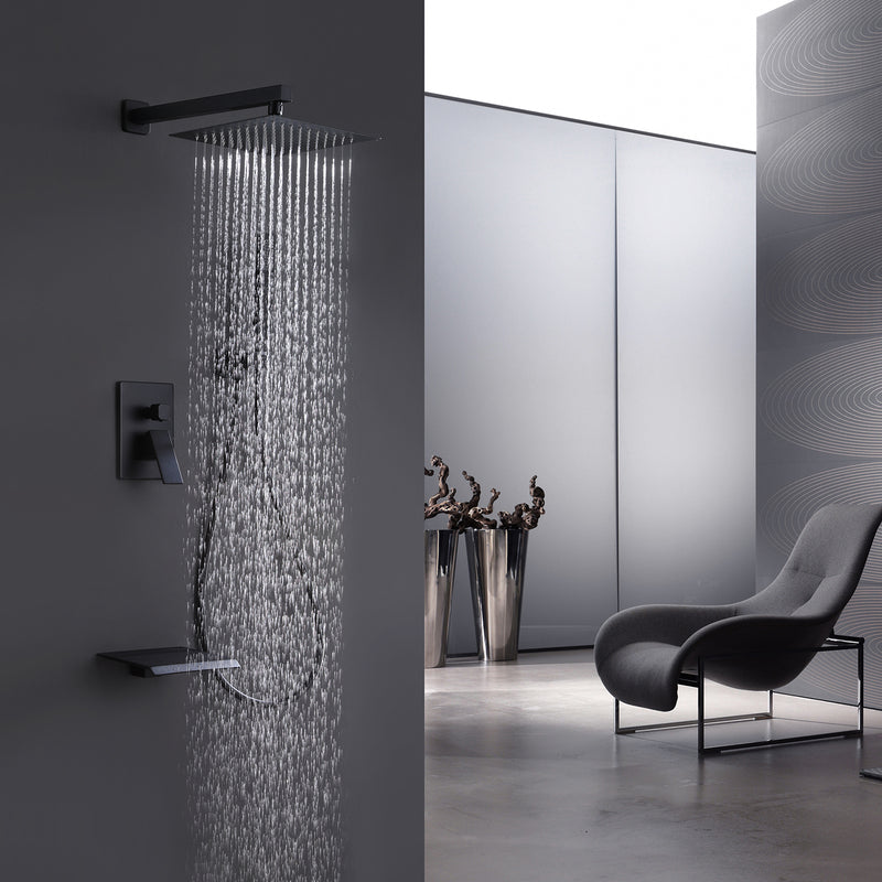 Givelly Wall Mounted 10 In Shower System with Waterfall Tub Faucet in Matte Black