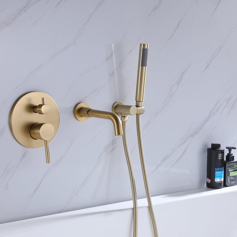 Fancysio Wall Mounted Tub Faucet with Handheld Shower in Brushed Gold