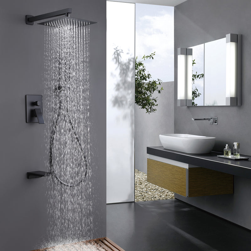 Yoniry Wall Mounted 10 In Shower & Waterfall Tub Faucet Combo in Matte Black