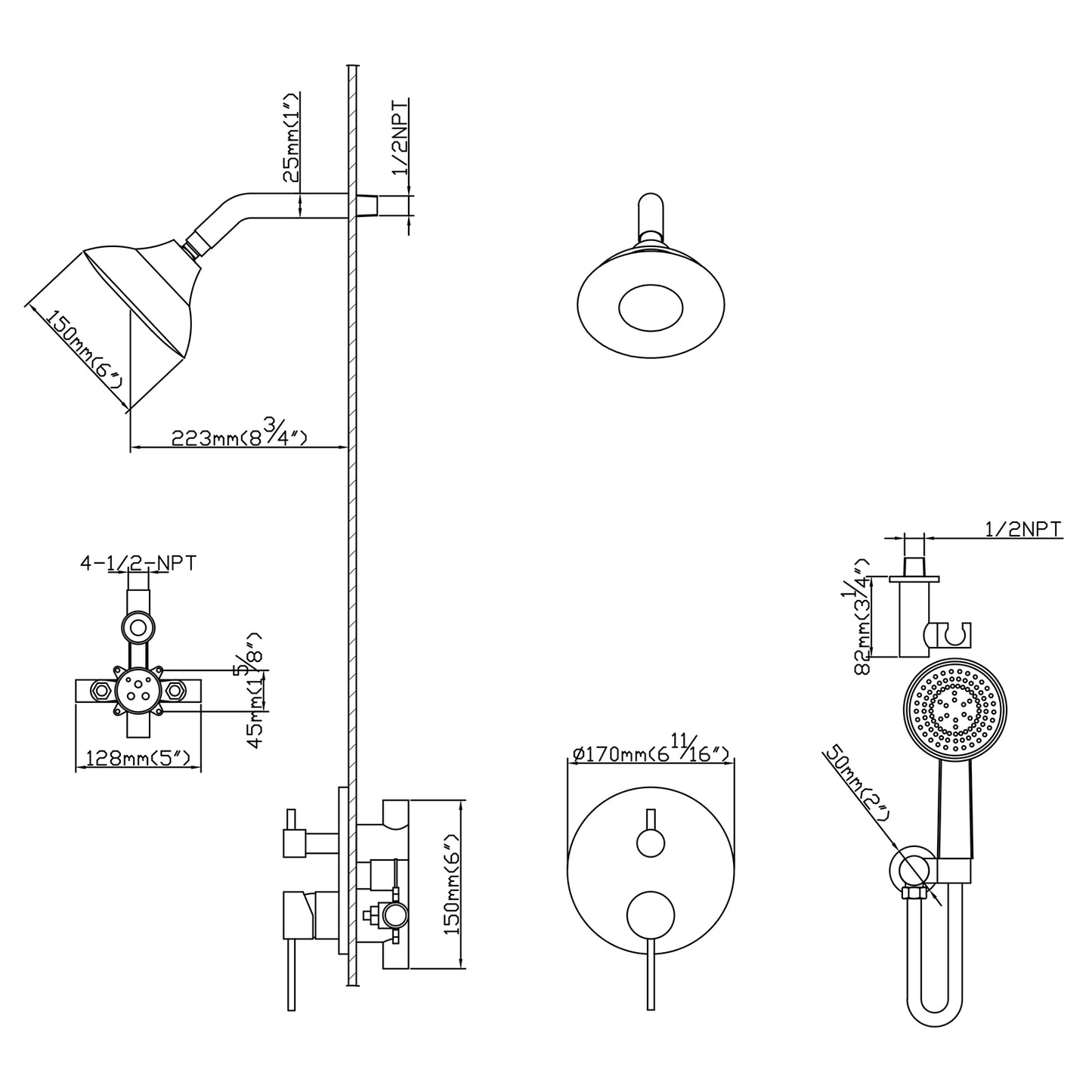 Scozon 5 Spray Pressure Balanced Shower Head with Handshower in Matte Black