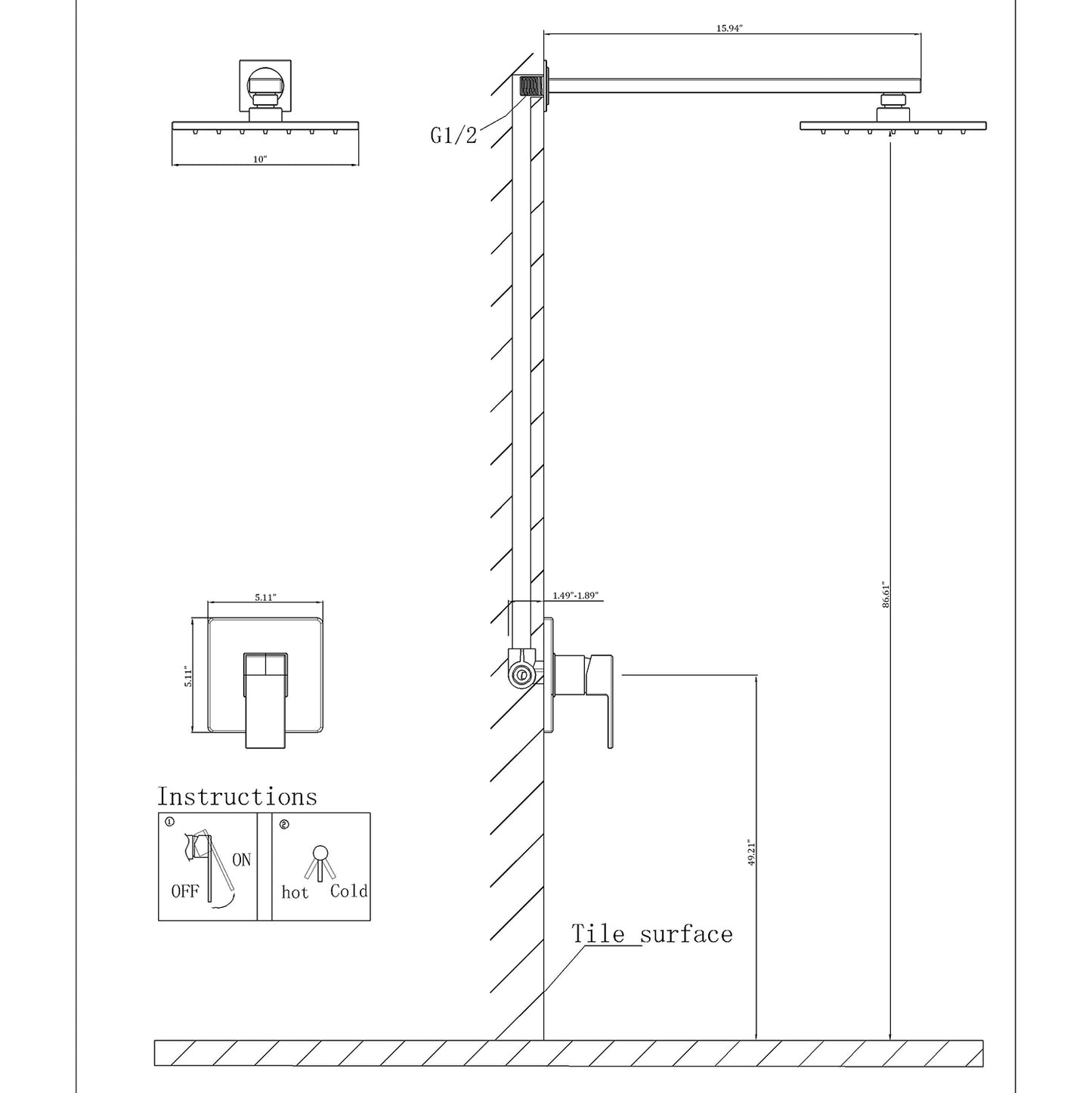 Masa Wall Mounted 10 In. Rainfall Shower System in Matte Black