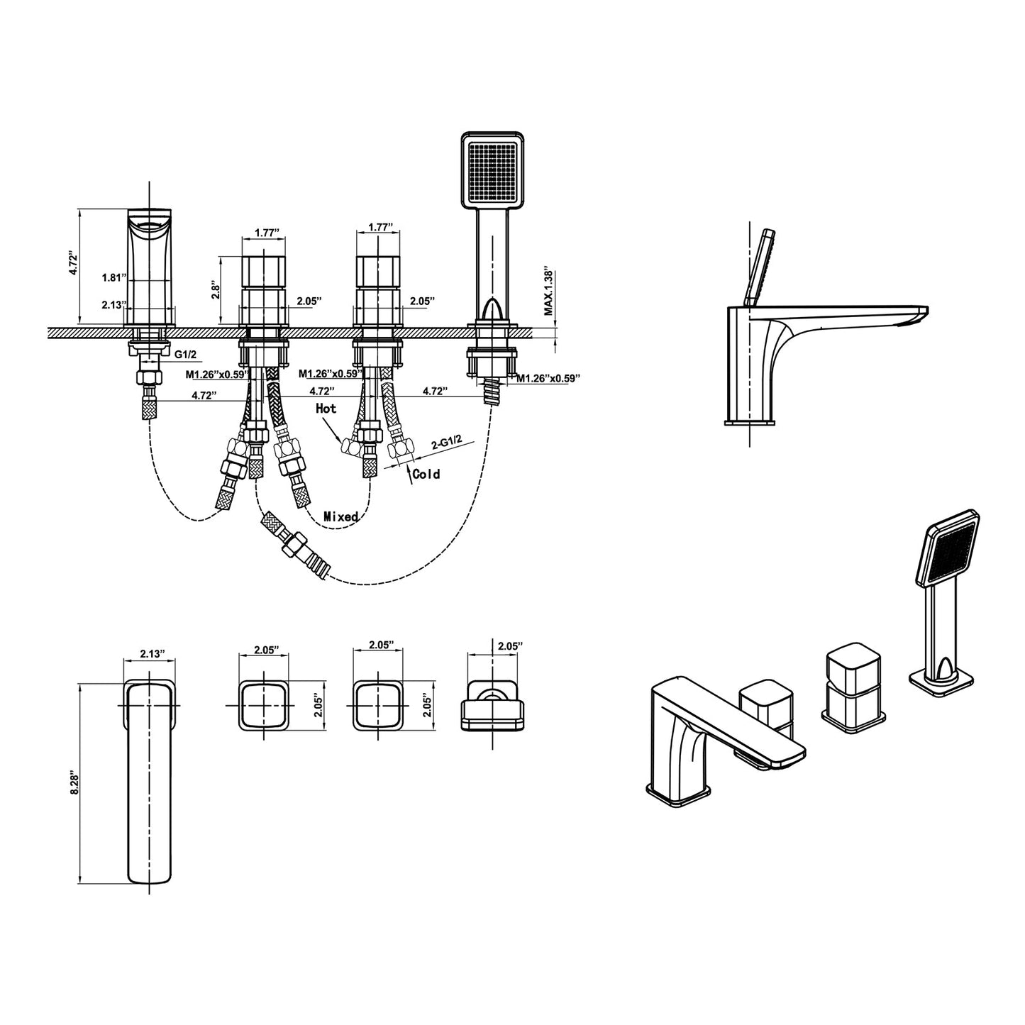 Oronto 2 Knob Handles Deck Mounted Roman Tub Faucet with Hand Shower
