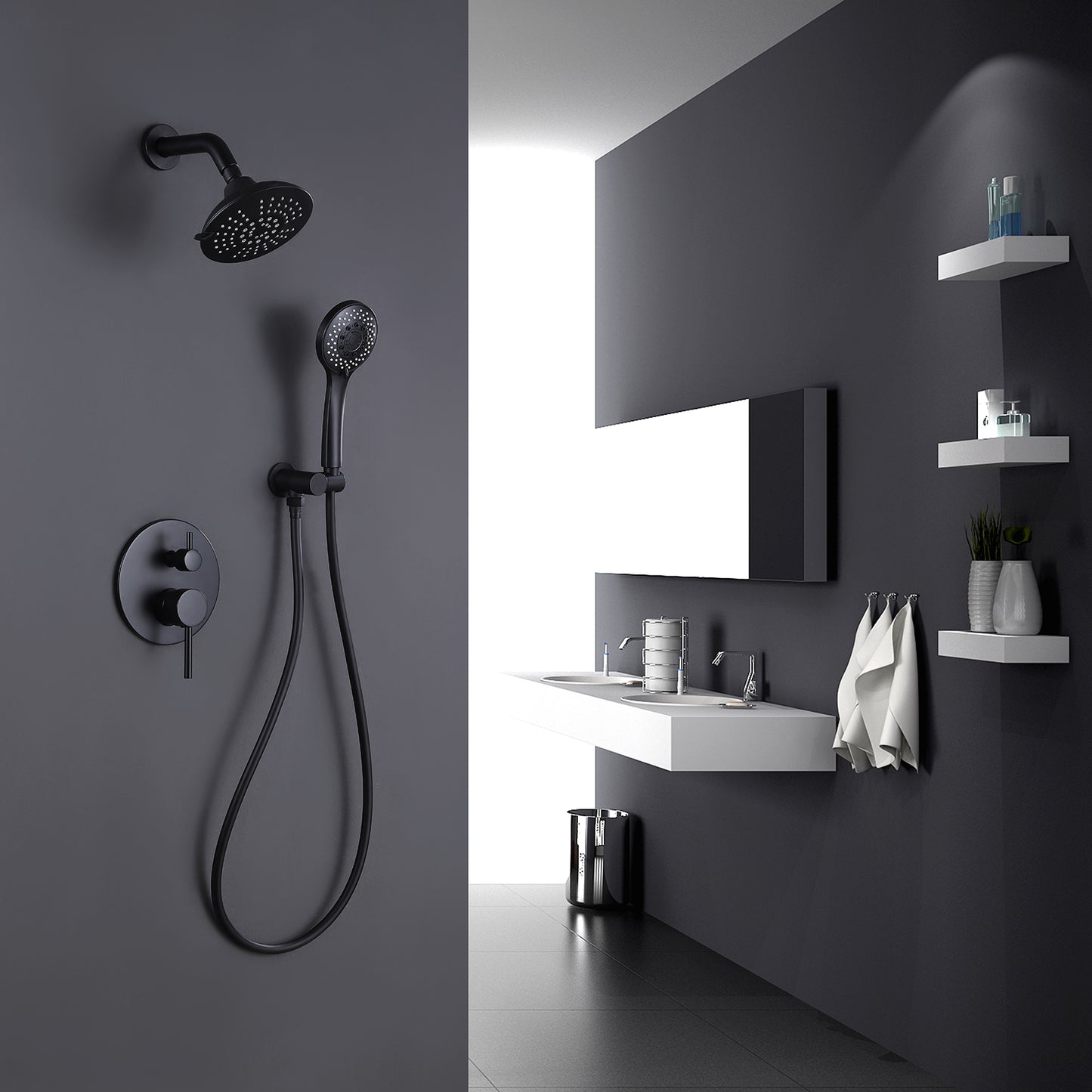 Scozon 5 Spray Pressure Balanced Shower Head with Handshower in Matte Black