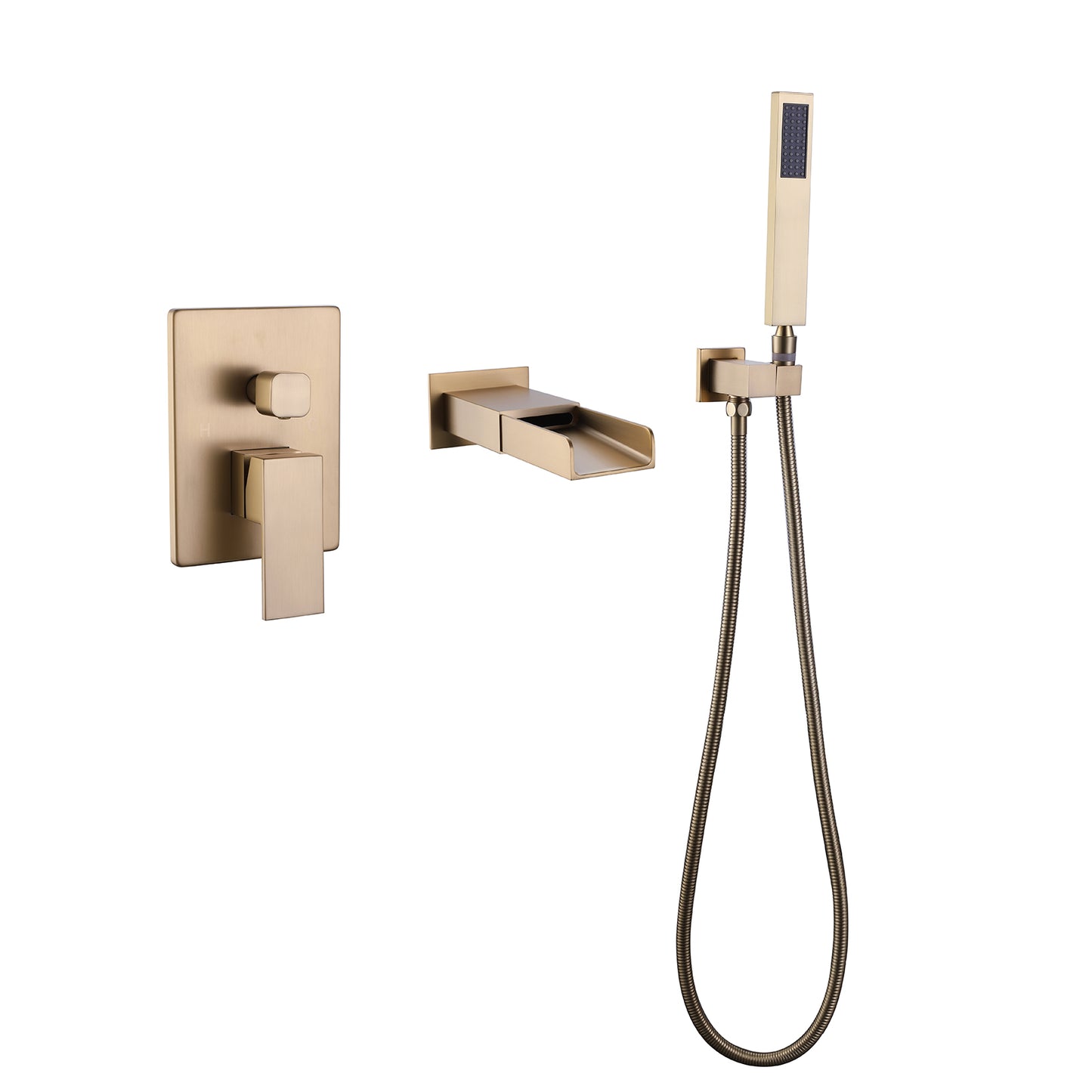 Curu Wall Mounted Bathub Mixer with Hand Shower in Brushed Gold