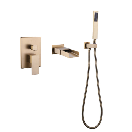 Curu Wall Mounted Bathub Mixer with Hand Shower in Brushed Gold