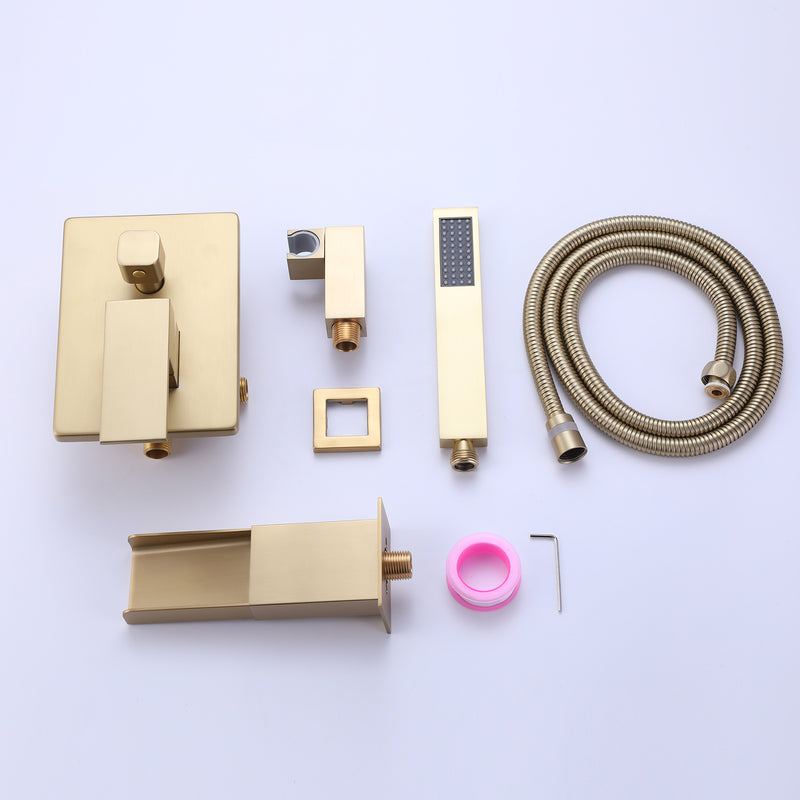 Curu Wall Mounted Bathub Mixer with Hand Shower in Brushed Gold