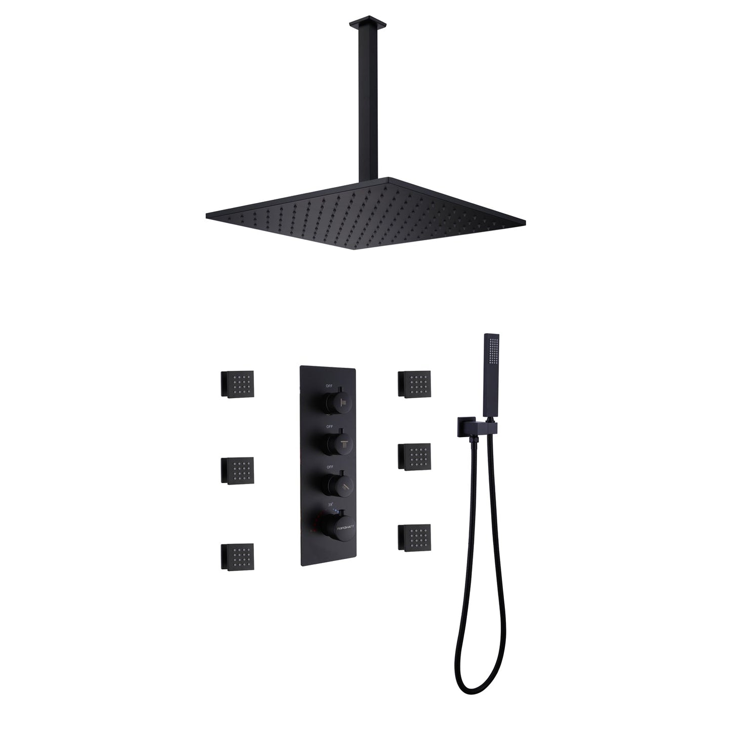 Qexle 12 In Ceiling Mounted Thermostatic Shower System with 6 Body Jets