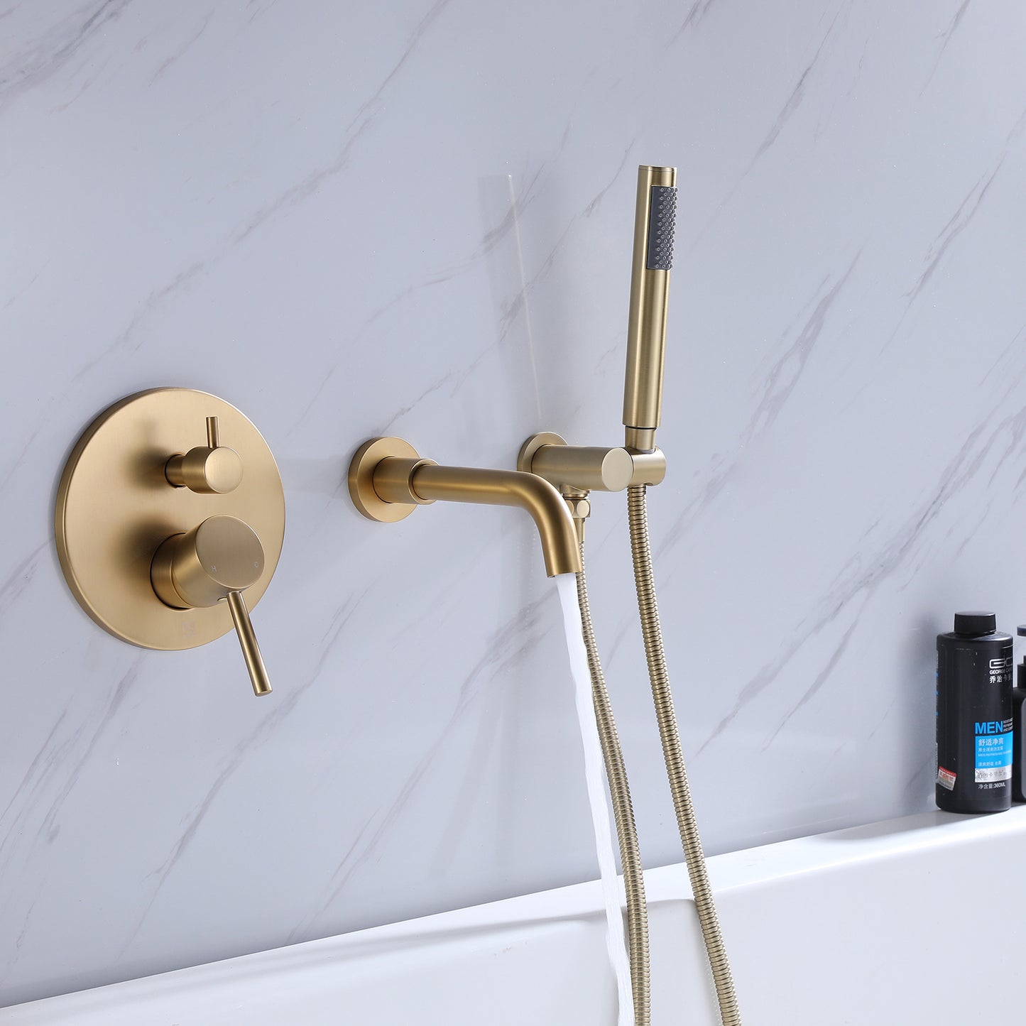 Fancysio Wall Mounted Tub Faucet with Handheld Shower in Brushed Gold
