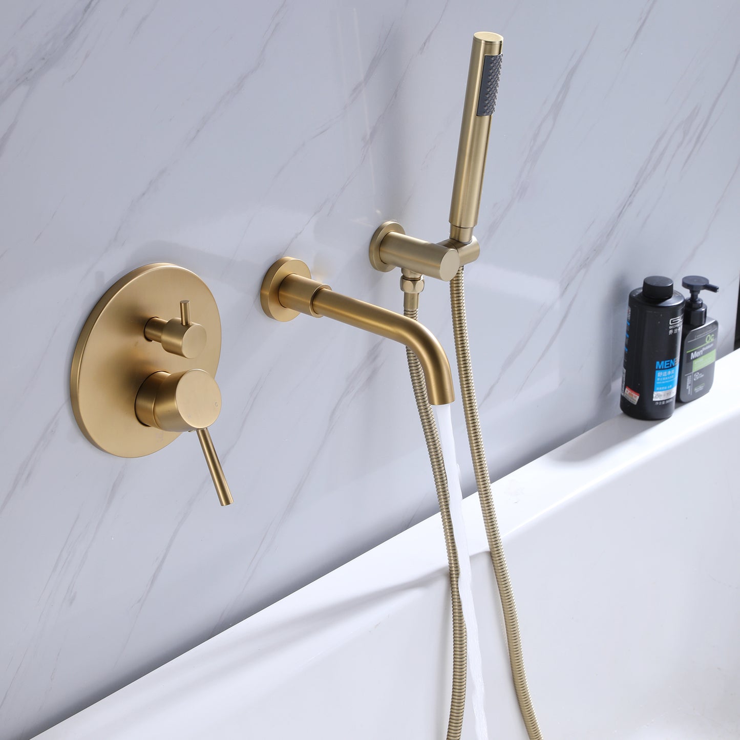 Fancysio Wall Mounted Tub Faucet with Handheld Shower in Brushed Gold