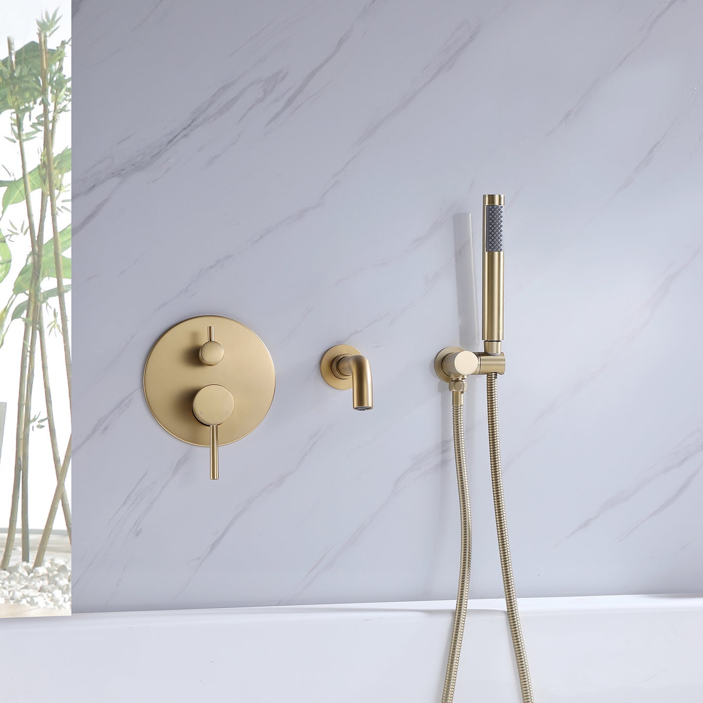 Fancysio Wall Mounted Tub Faucet with Handheld Shower in Brushed Gold