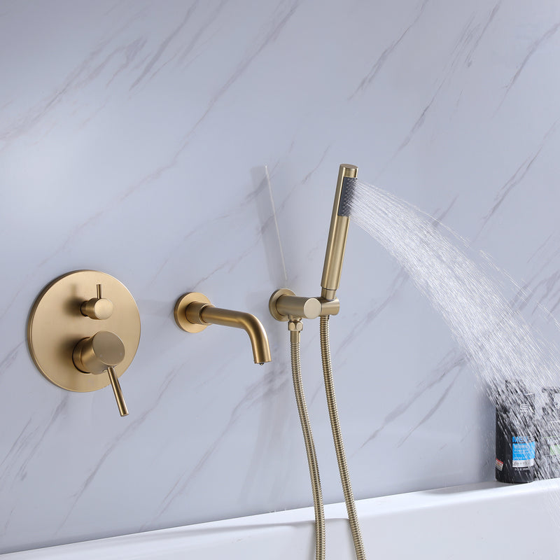 Fancysio Wall Mounted Tub Faucet with Handheld Shower in Brushed Gold