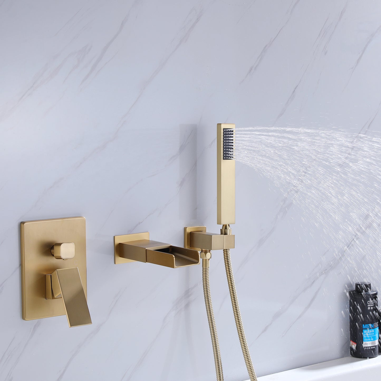Curu Wall Mounted Bathub Mixer with Hand Shower in Brushed Gold