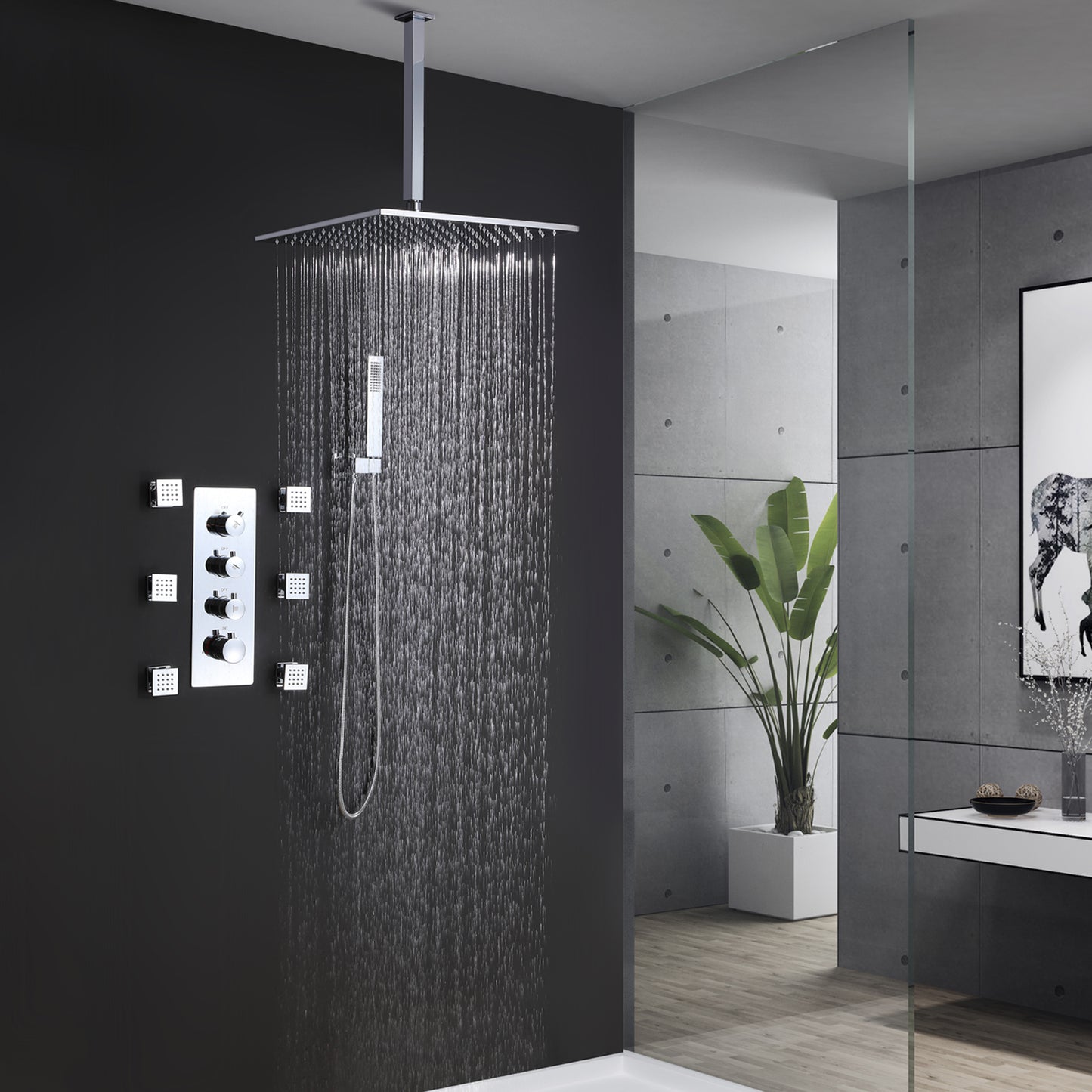 Qexle 12 In Ceiling Mounted Thermostatic Shower System with 6 Body Jets