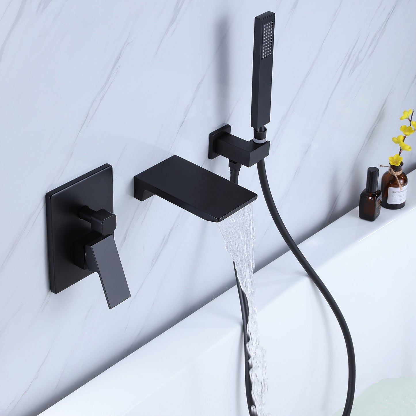 Friki Wall Mounted Tub Faucet with Handheld Shower in Matte Black