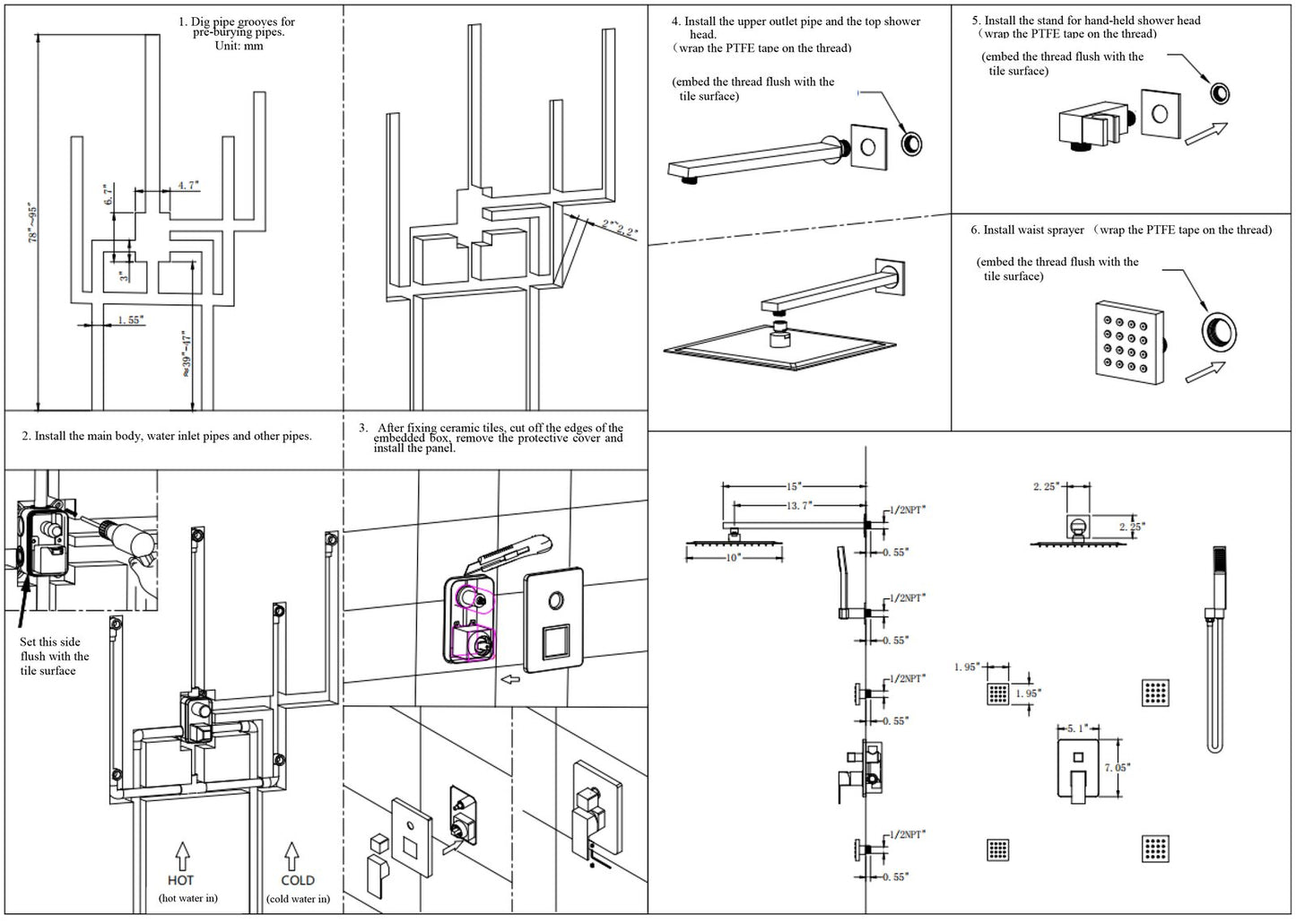 Eocony 10 In Wall Mounted Luxury Pressure Balanced Shower System with 4 Body Jets in Matte Black