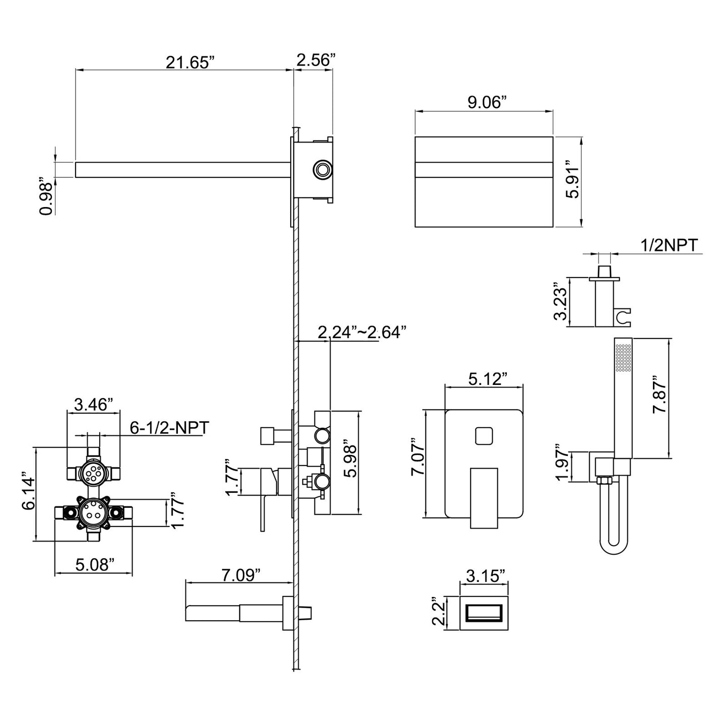 Latofy Thermostatic 2 Spray Shower & Tub Combo System in Matte Black