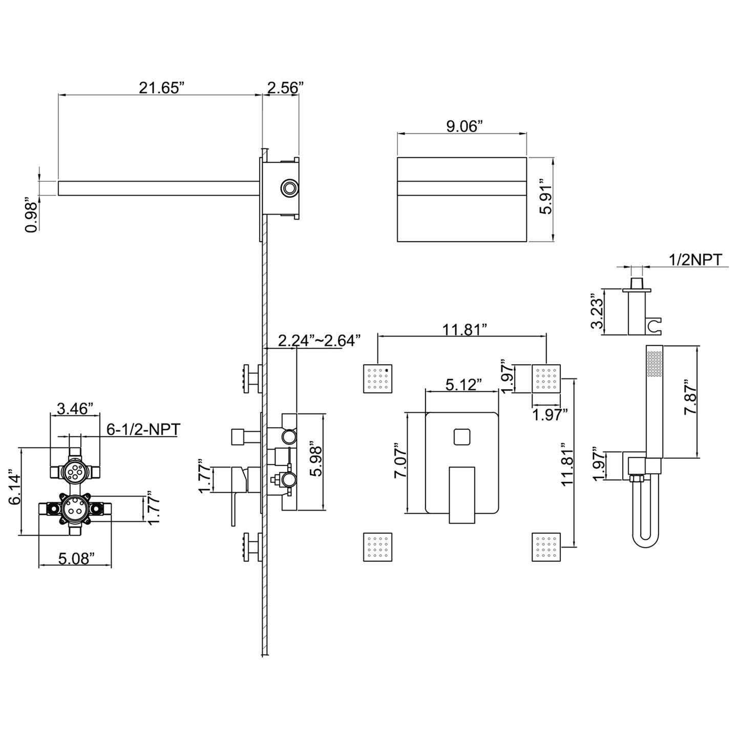 Leaper 2-Spray Wall Mounted Thermostatic Shower System with 4 Body Jets in Matte Black