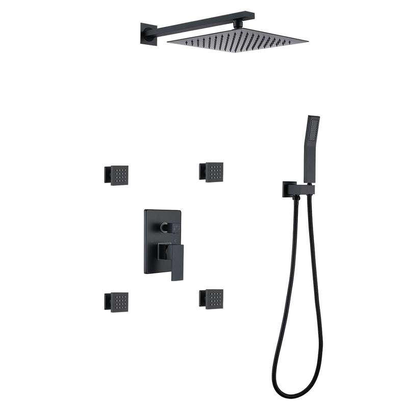 Eocony 10 In Wall Mounted Luxury Pressure Balanced Shower System with 4 Body Jets in Matte Black