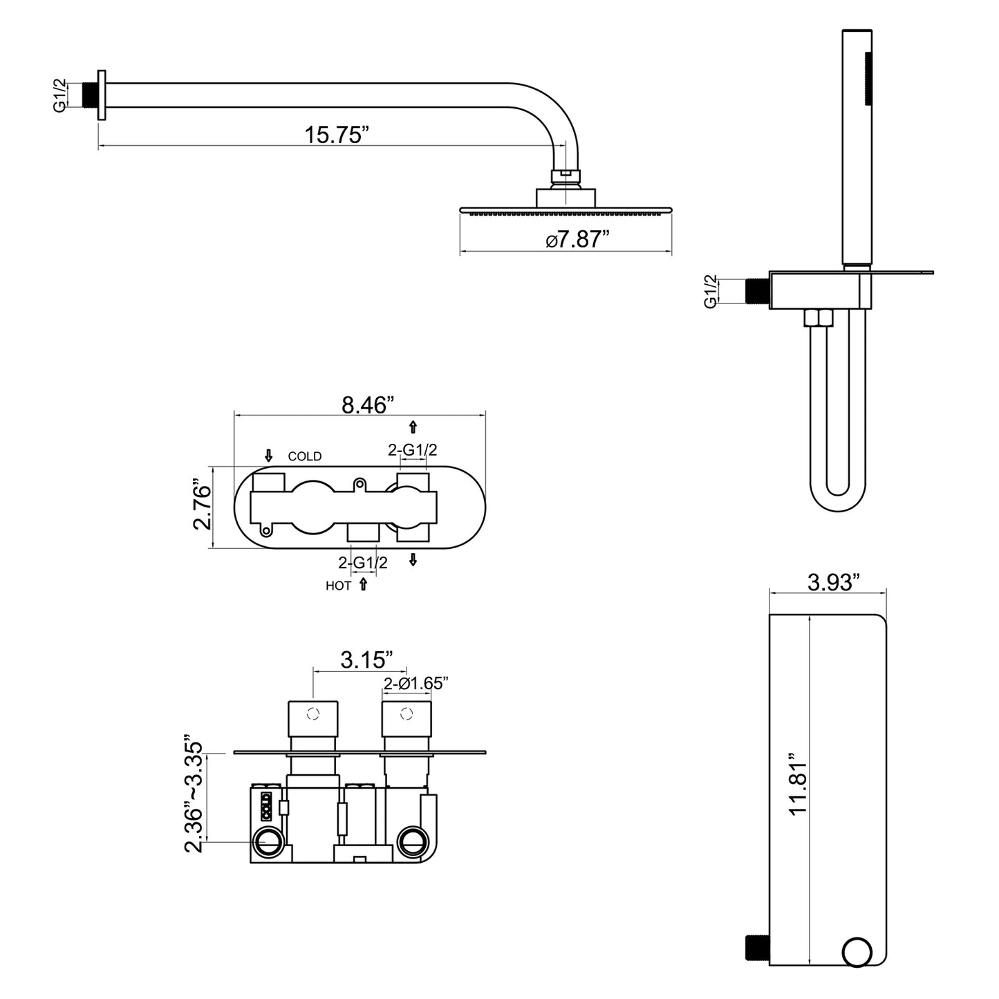Omni Concealed Thermostatic 8 In Shower System with  Handshower in Matte Black