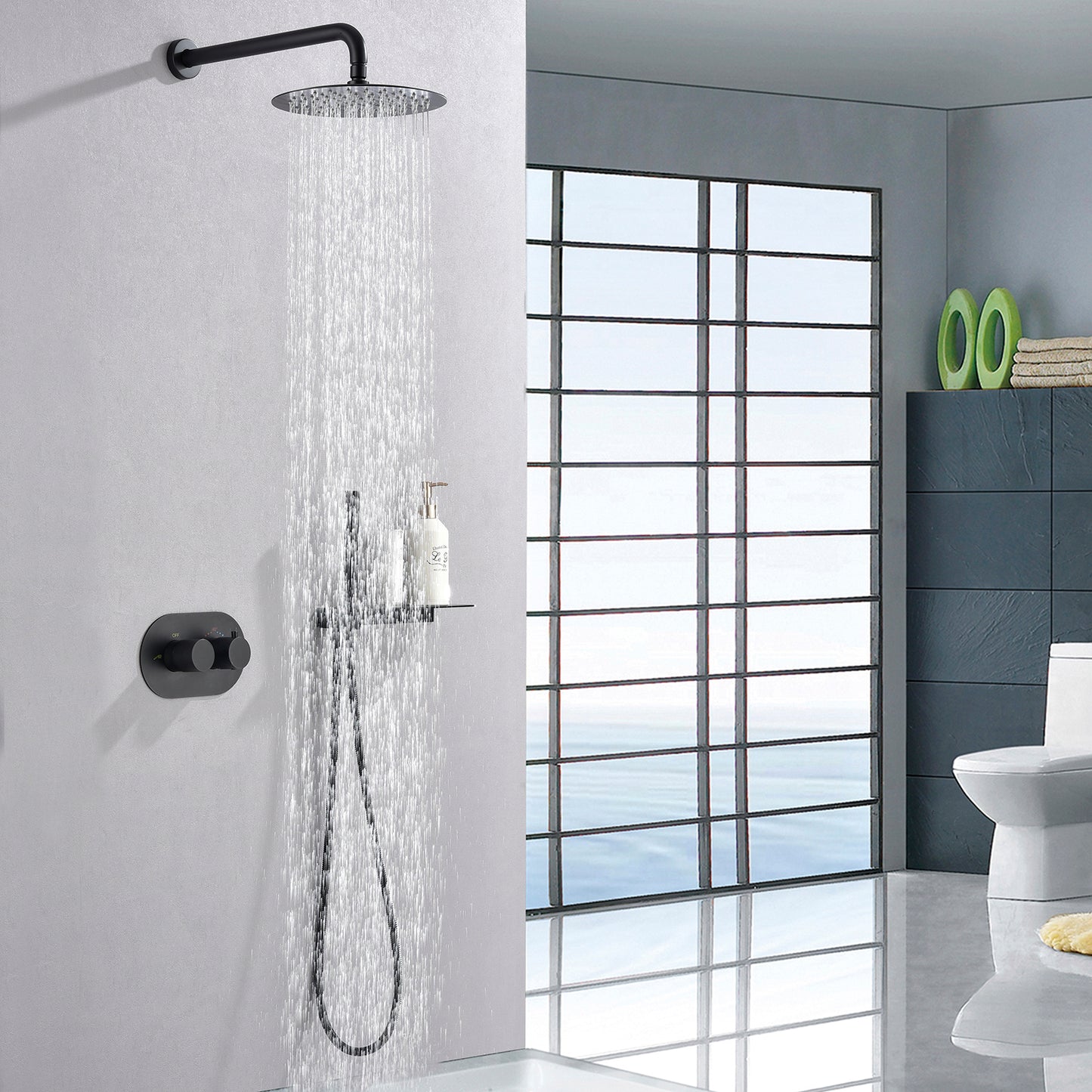Omni Concealed Thermostatic 8 In Shower System with  Handshower in Matte Black