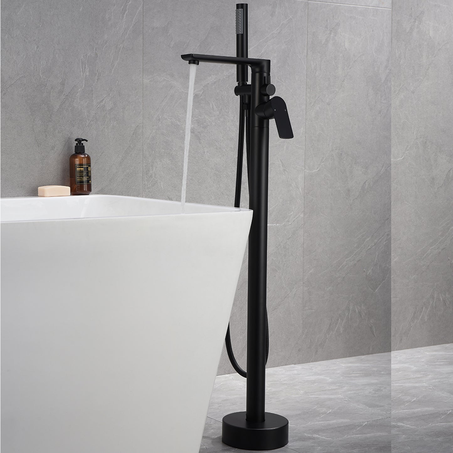 Simmit Dual Handle Freestanding Tub Faucet with Handheld in Matte Black