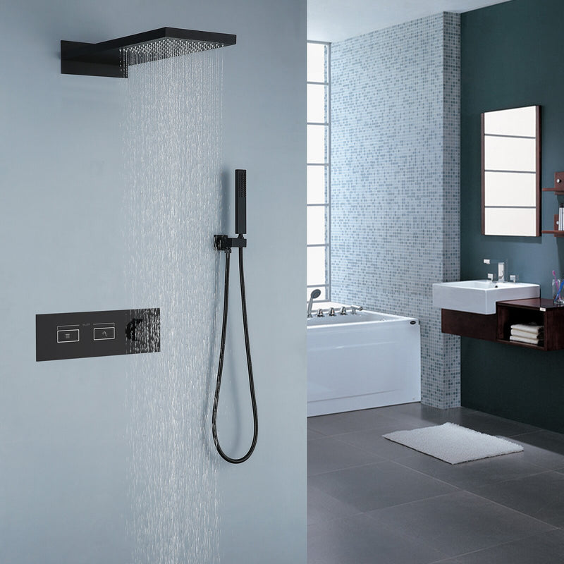 Yono Thermostatic Rain & Waterfall Combo Shower System in Matte Black