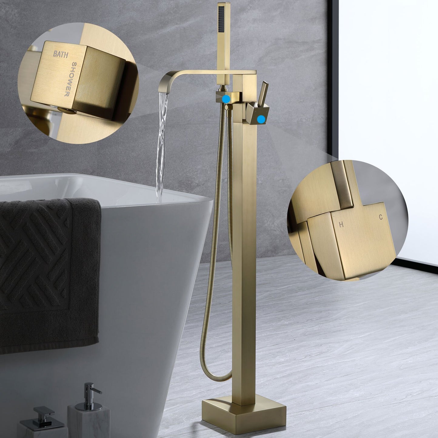 Tozti Freestanding Tub Faucet with Handheld Shower in Brushed Gold