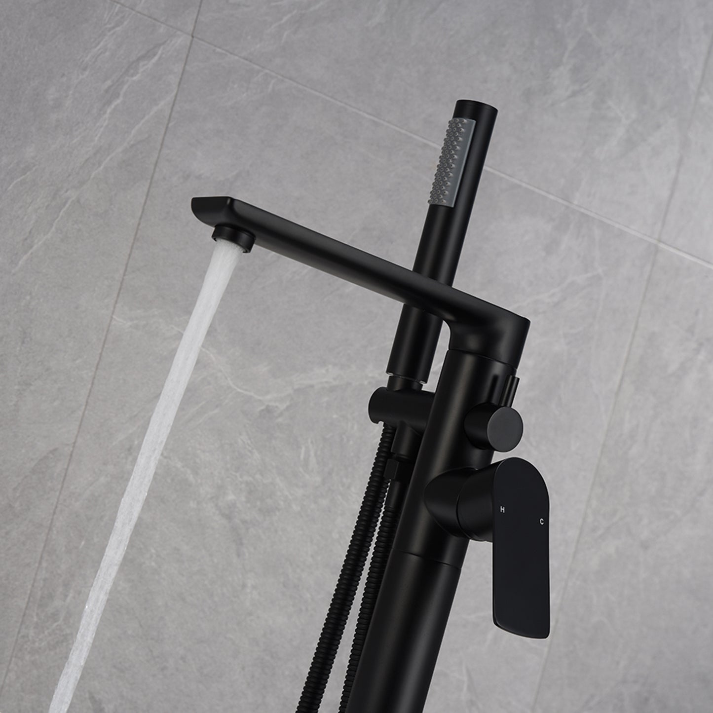 Simmit Dual Handle Freestanding Tub Faucet with Handheld in Matte Black