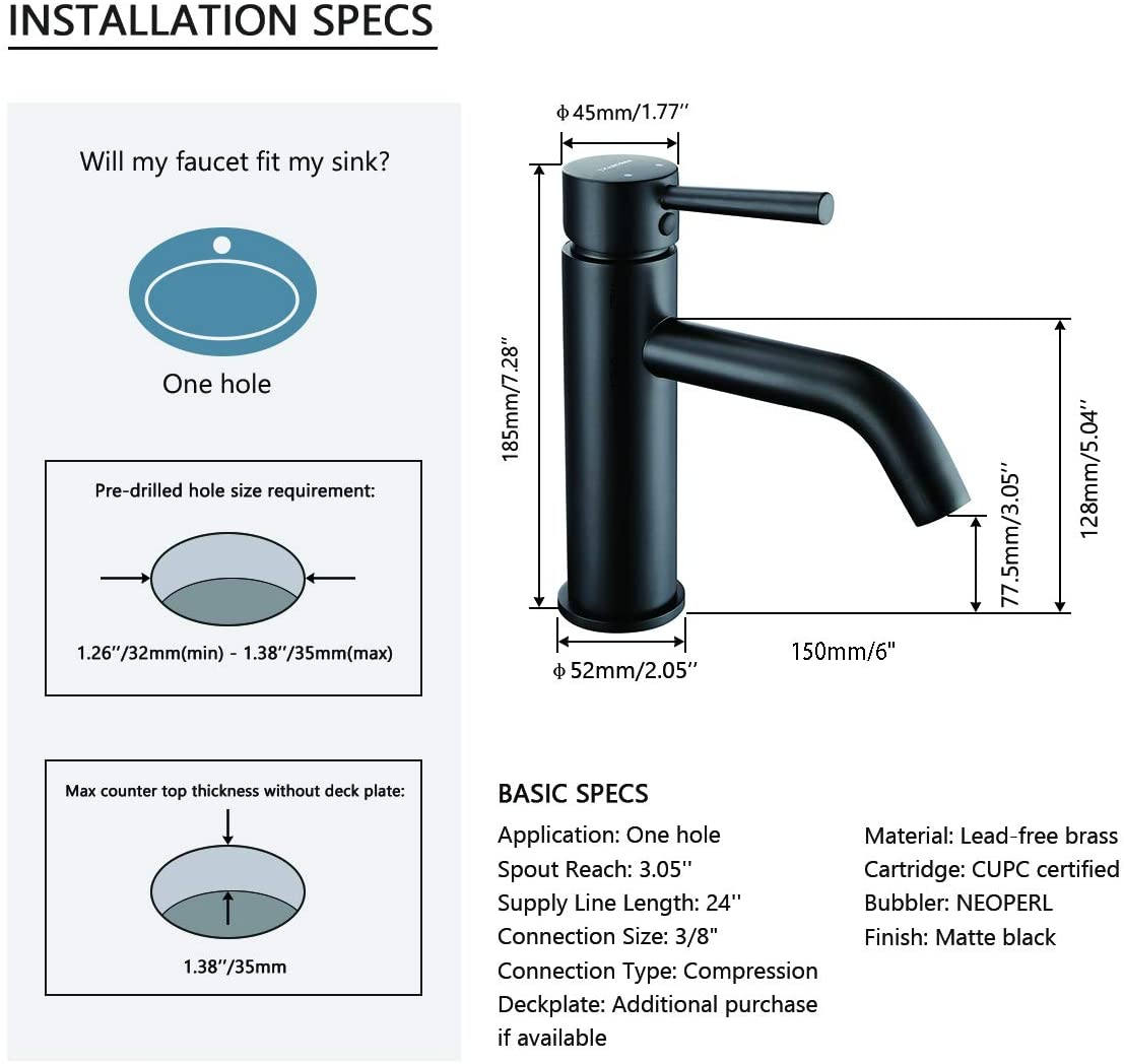 Fline Matte Black One Handle Single Hole Bathroom Faucet