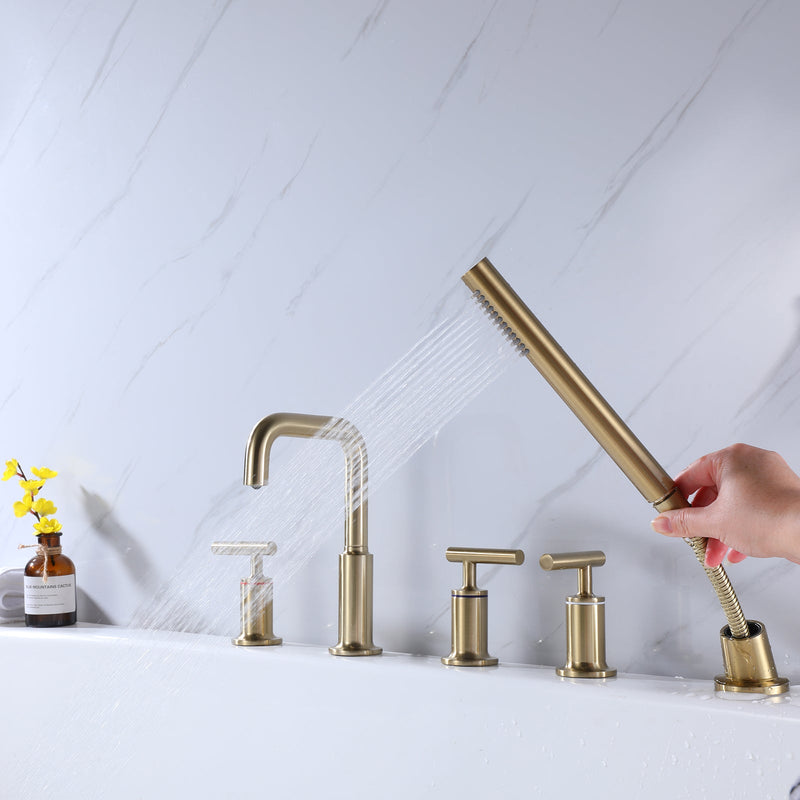 Dora 3 Handles Deck Mount Roman Tub Faucet with Hand Shower in Brushed Gold