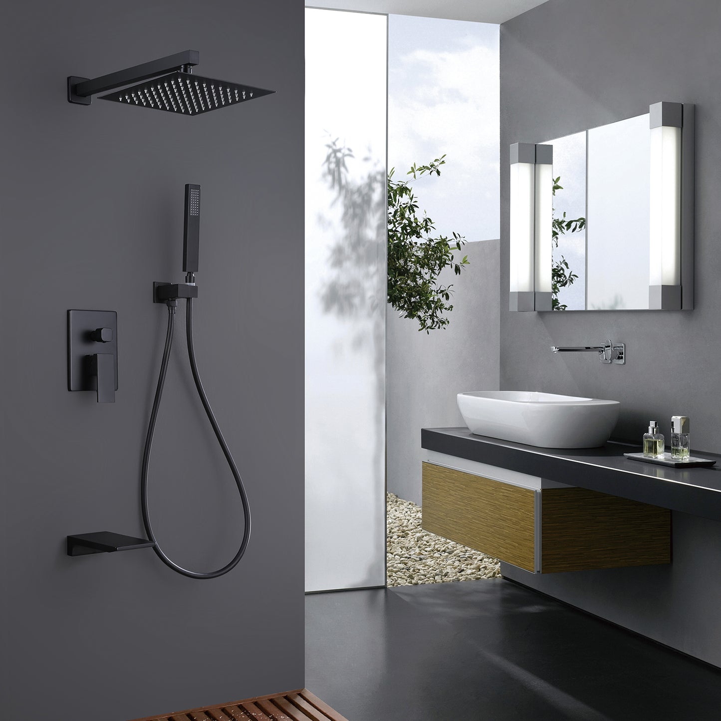Yoniry Wall Mounted 10 In Shower & Waterfall Tub Faucet Combo in Matte Black