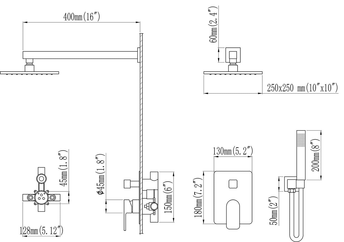 Hogesa Wall Mounted 10 In Rain Shower with handheld Concealed Valve