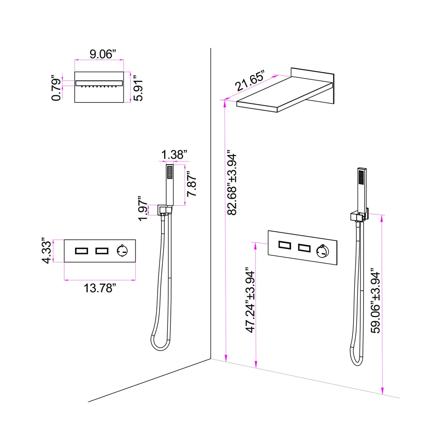Yono Thermostatic Rain & Waterfall Combo Shower System in Matte Black