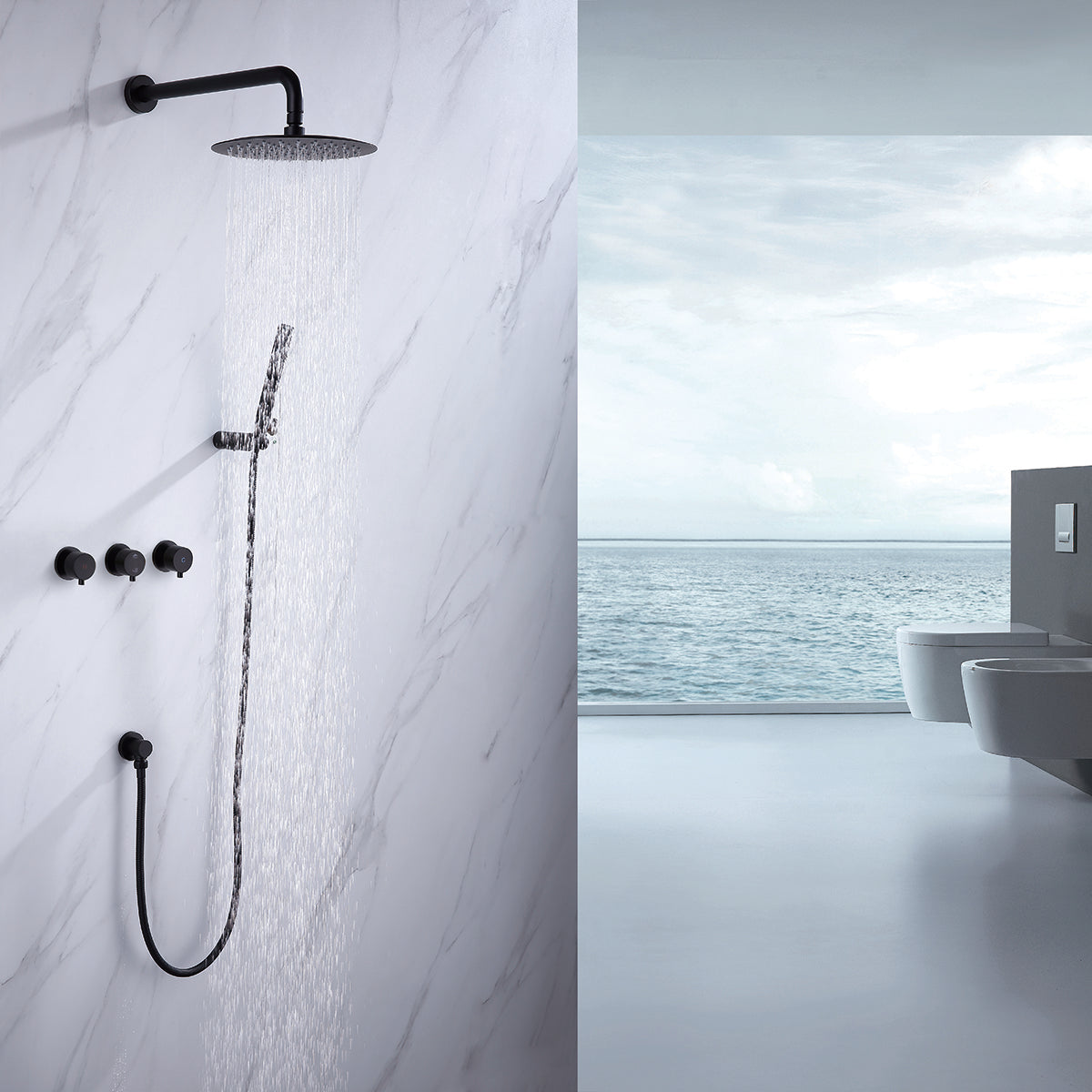 Sosano Wall Mounted 10 In Rain Shower with handheld Concealed Valve in Matte Black