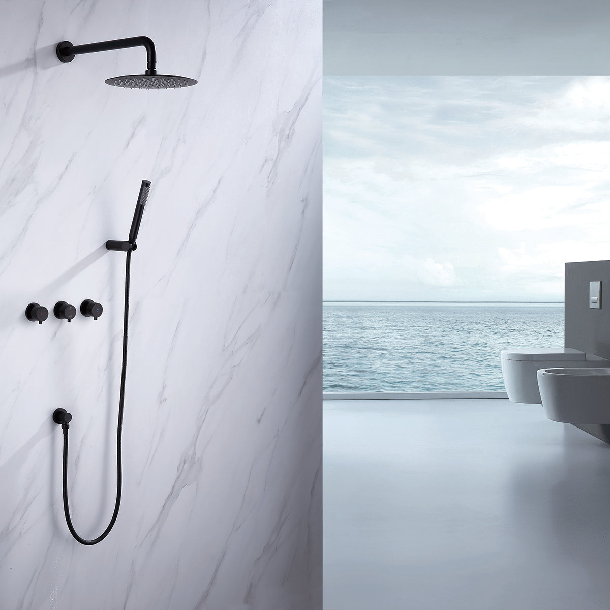 Sosano Wall Mounted 10 In Rain Shower with handheld Concealed Valve in Matte Black