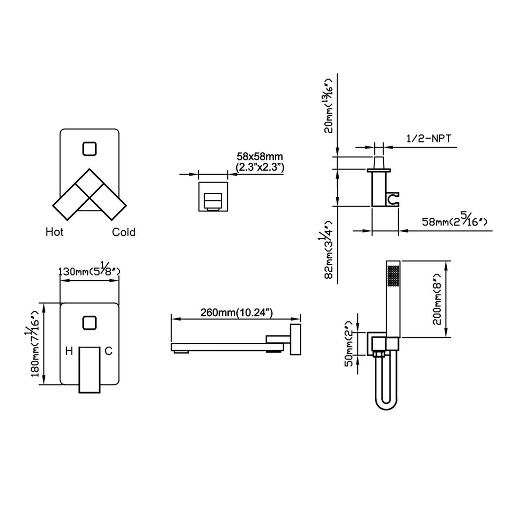 Nomash Wall Mounted Tub Faucet with Hand Shower in Brushed Nickle