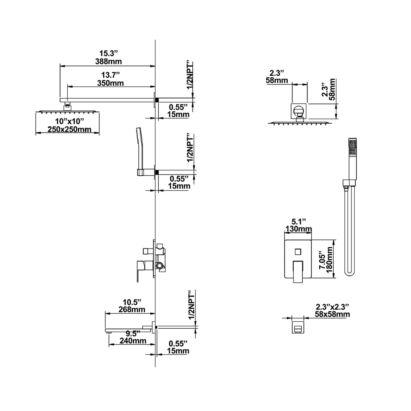Yozty Wall Mounted 10 In  Shower System with Tub Faucet in Matte Black