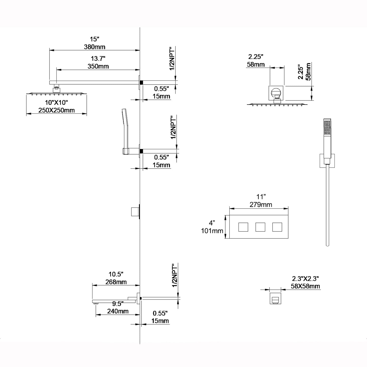 Rozz Wall Mounted 10 In Shower System with Tub Faucet in Matte Black