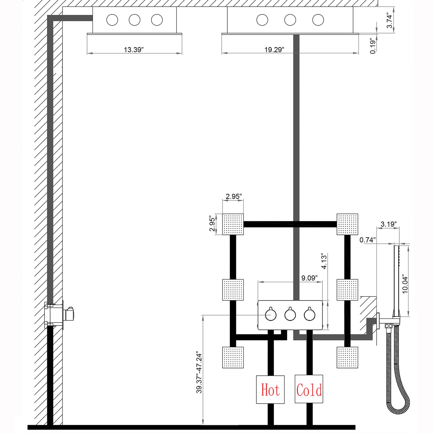 Lamo 13 In Ceiling Mounted LED Thermostatic Shower System with 6 Body Jets