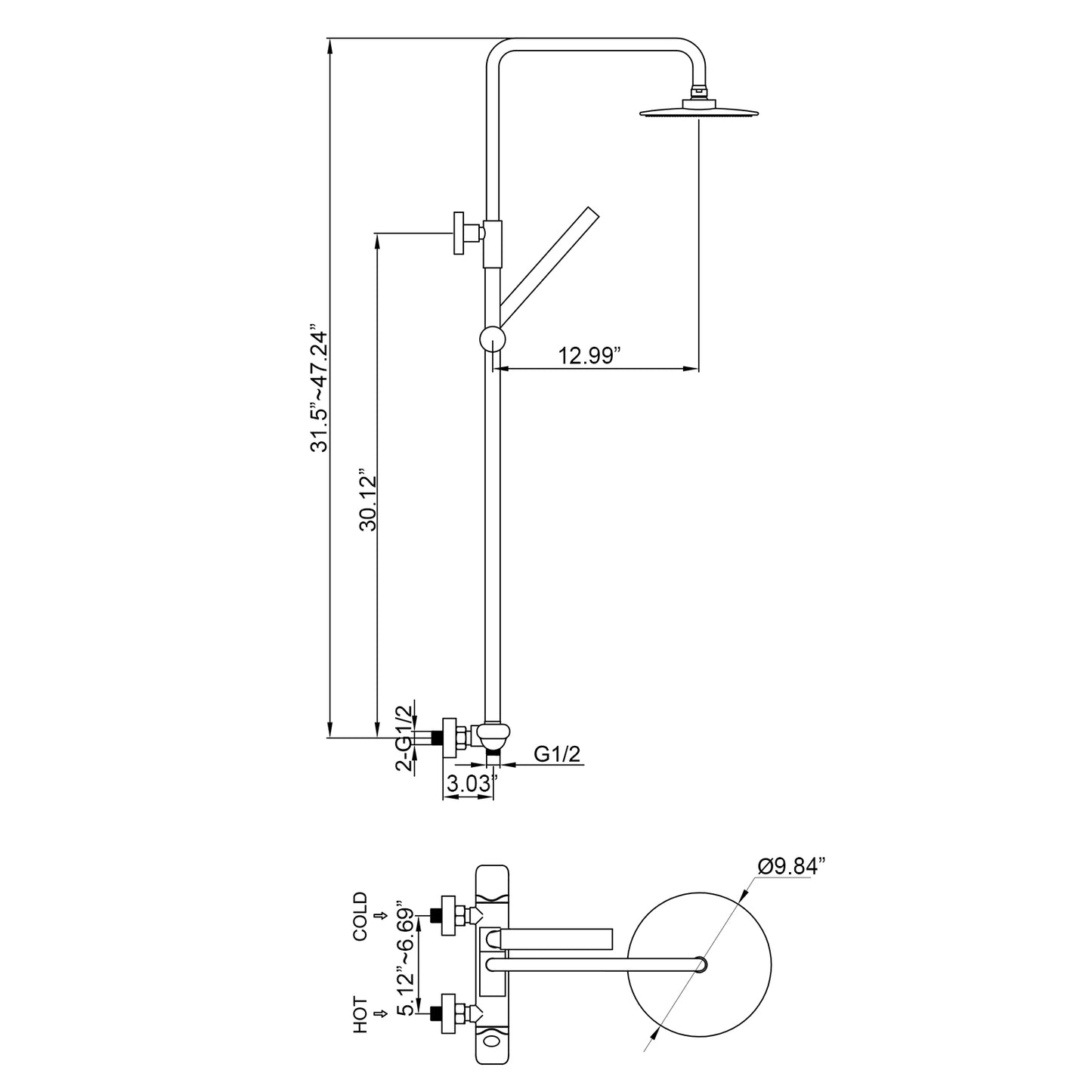 Ortoly Pressure Balanced Shower System with Handshower in Brushed Gold