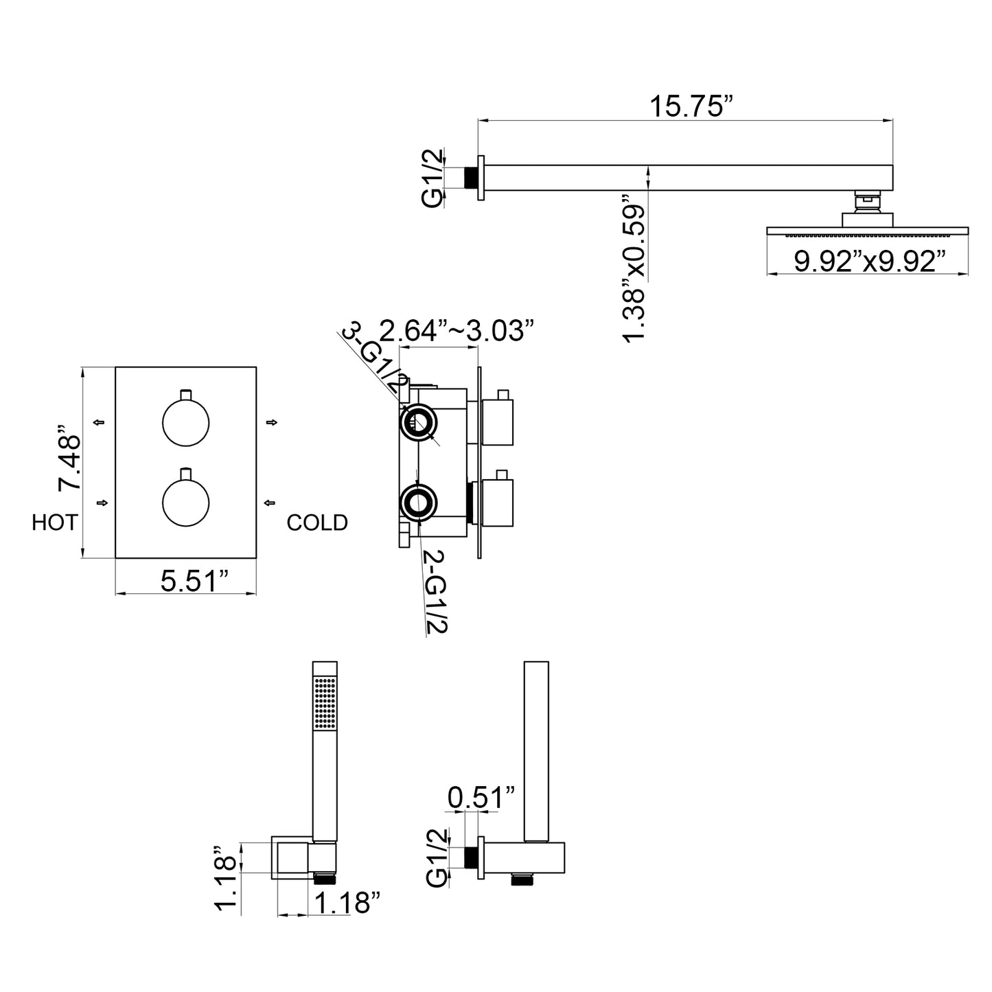 Jozz Thermostatic 10 In Shower System Handheldshower in Matte Black