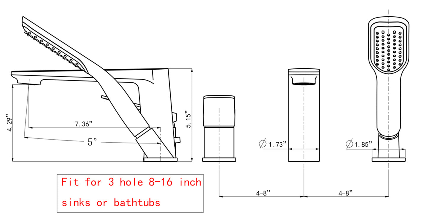 Roniry Roman Tub Filler Widespread Faucet with Handshower in Matte Black